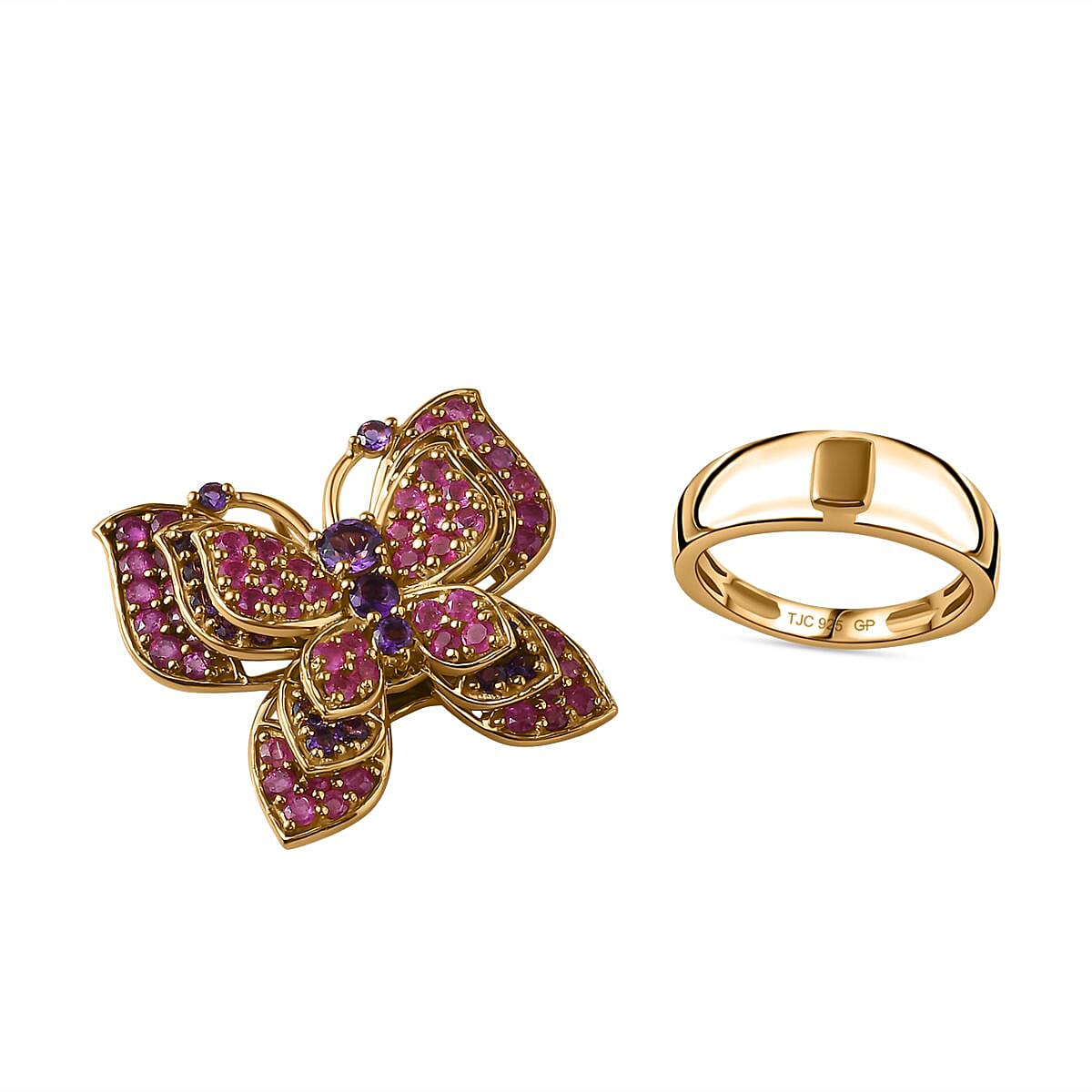 GP Italian Garden Collection - Amethyst & Ruby Ring in 18K Vermeil Yellow Gold Plated Sterling Silver 5.23 Ct, Silver Wt. 11.26 Gms