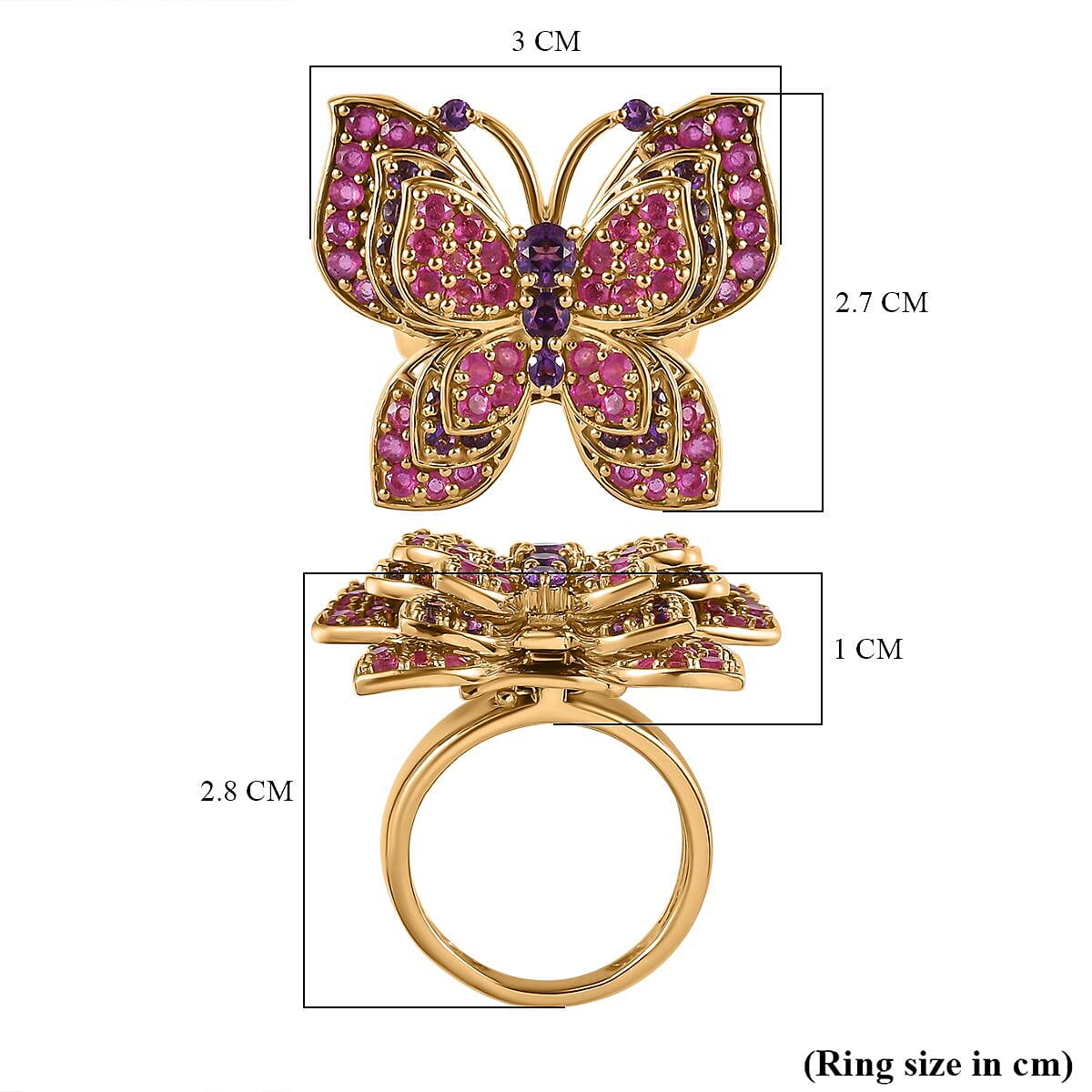 GP Italian Garden Collection - Amethyst & Ruby Ring in 18K Vermeil Yellow Gold Plated Sterling Silver 5.23 Ct, Silver Wt. 11.26 Gms
