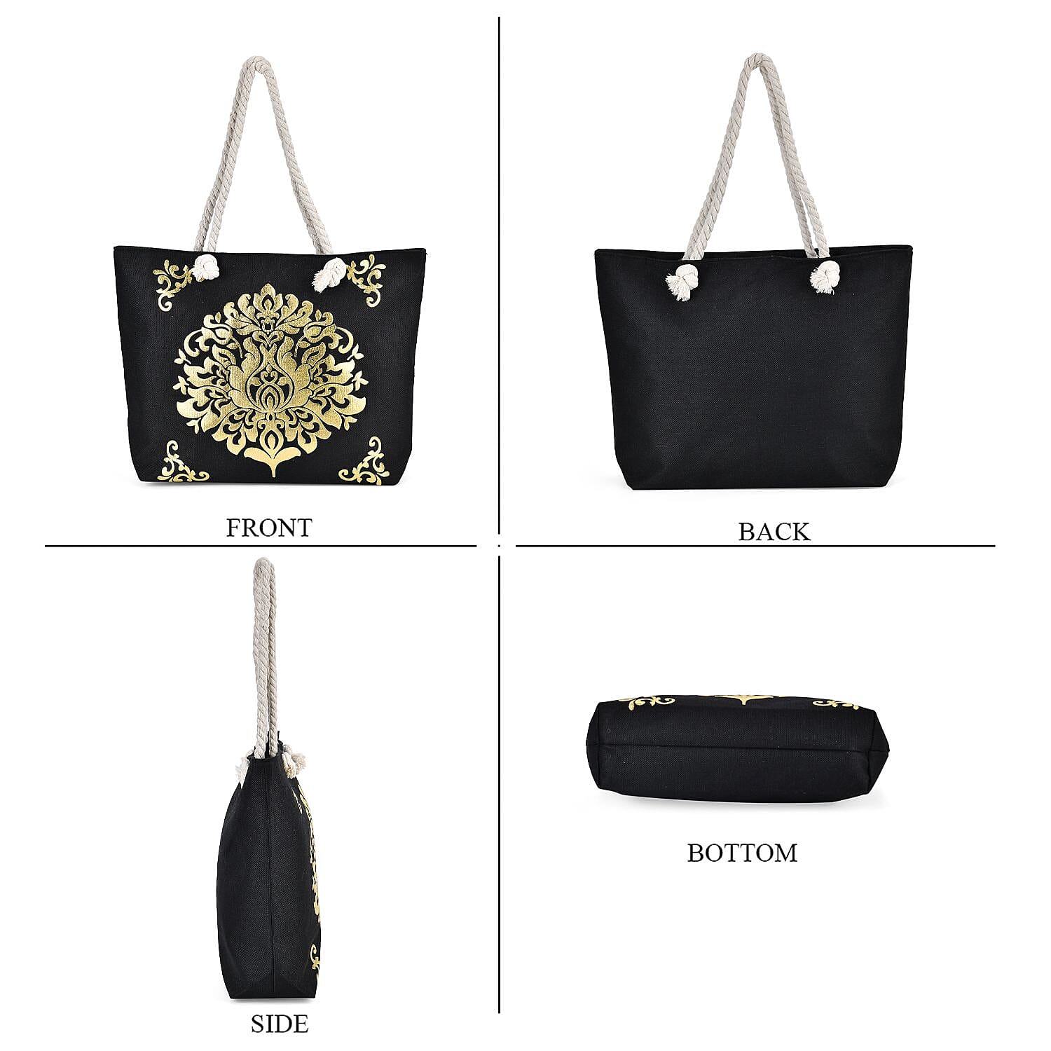 Damask Pattern Tote Bag with Mettalic Glitter Gold - Black