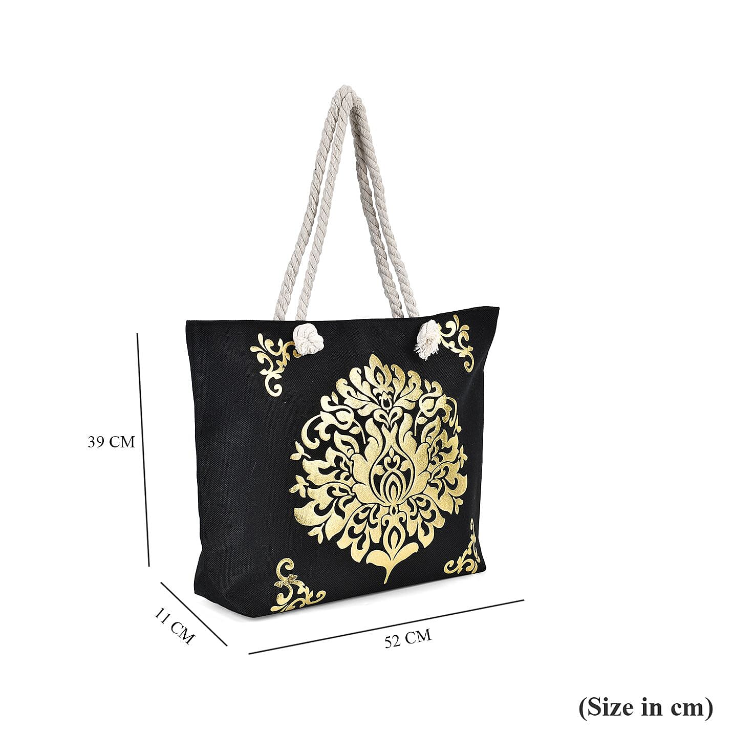 Damask Pattern Tote Bag with Mettalic Glitter Gold - Black