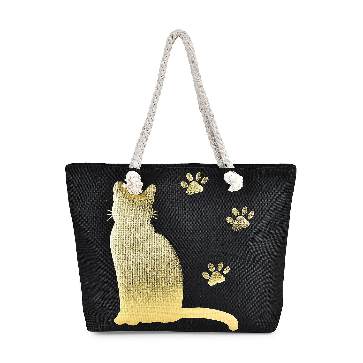 Cat Pattern Tote Bag with Mettalic Glitter Gold - Black