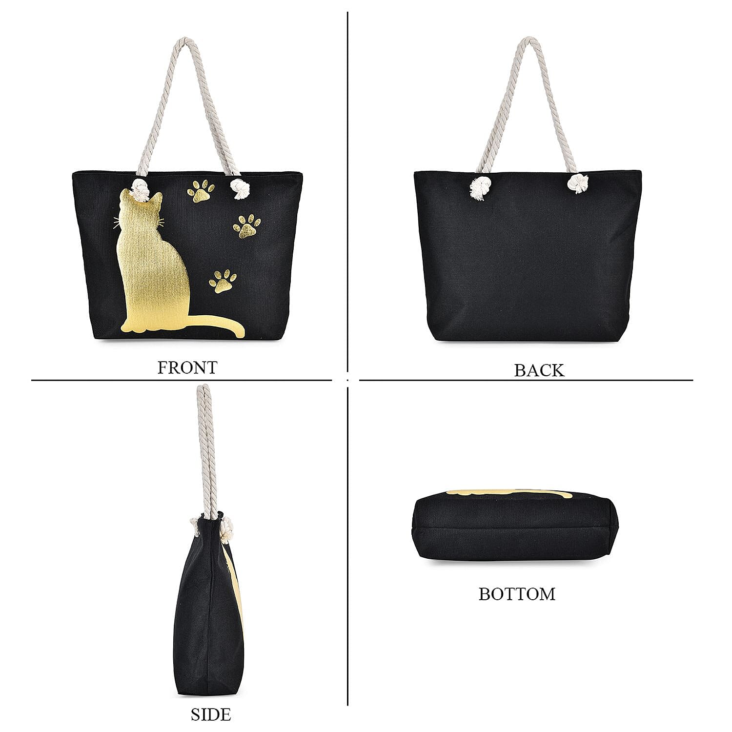 Cat Pattern Tote Bag with Mettalic Glitter Gold - Black