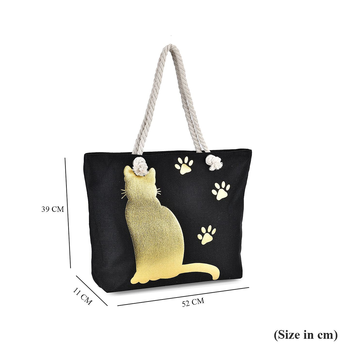 Cat Pattern Tote Bag with Mettalic Glitter Gold - Black