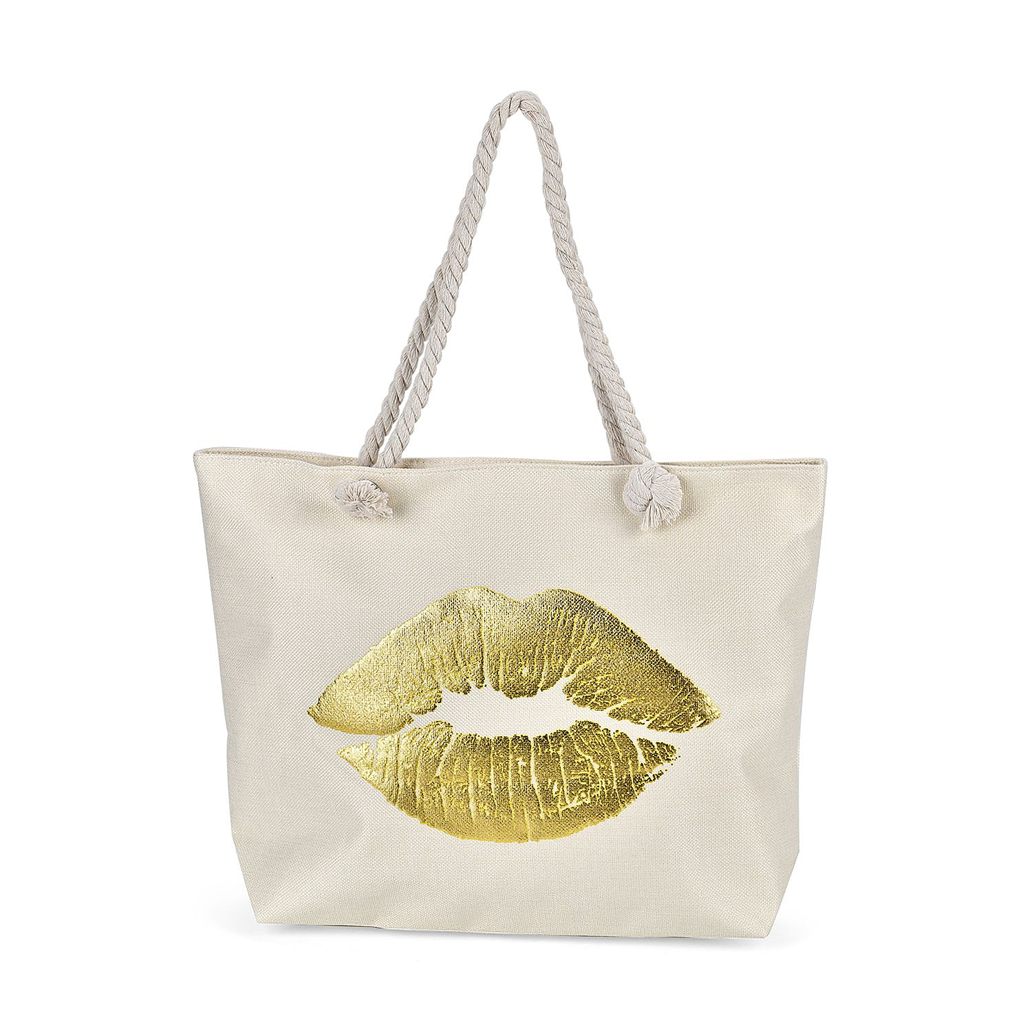 Lip Pattern Tote Bag with Mettalic Glitter Gold - Beige