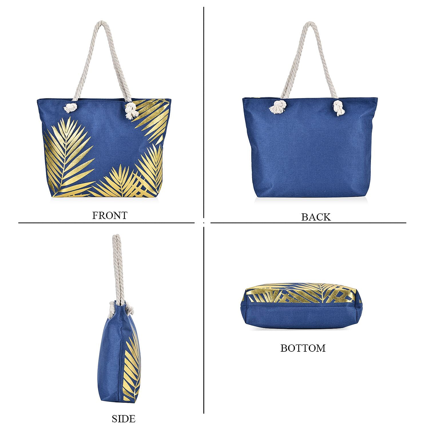Leaves Pattern Tote Bag with Mettalic Glitter Gold - Navy