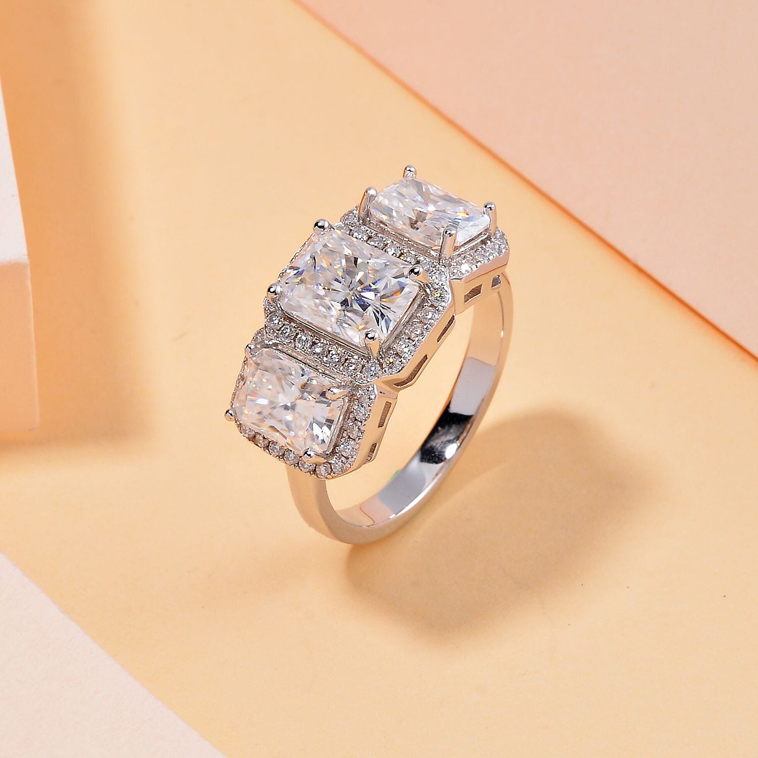 Emerald Cut Moissanite Ring in Rhodium Overlay Sterling Silver 4.50 Ct.