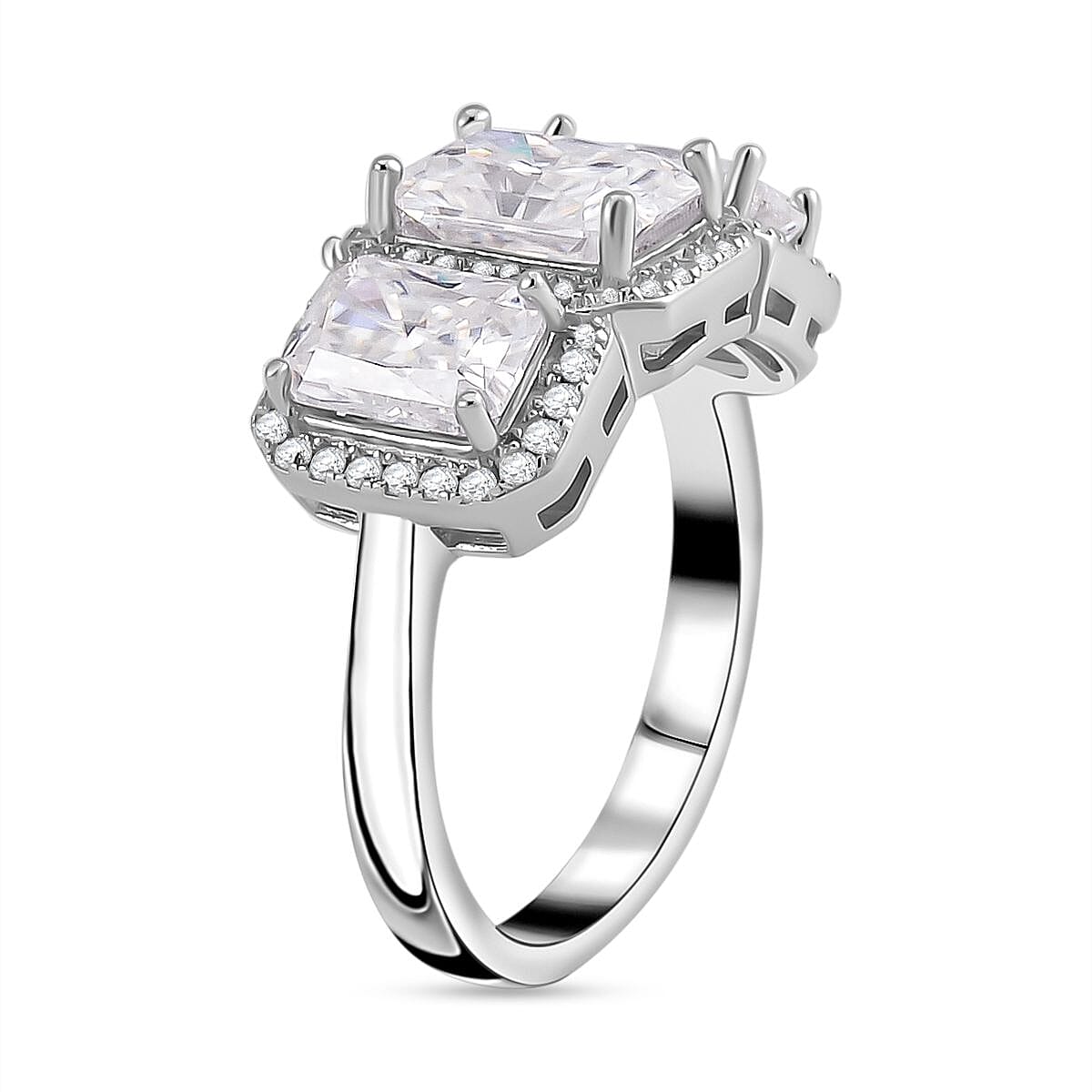 Emerald Cut Moissanite Ring in Rhodium Overlay Sterling Silver 4.50 Ct.