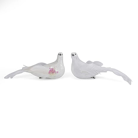 Set of 2 Dove Figurines - White & Glitter Powder