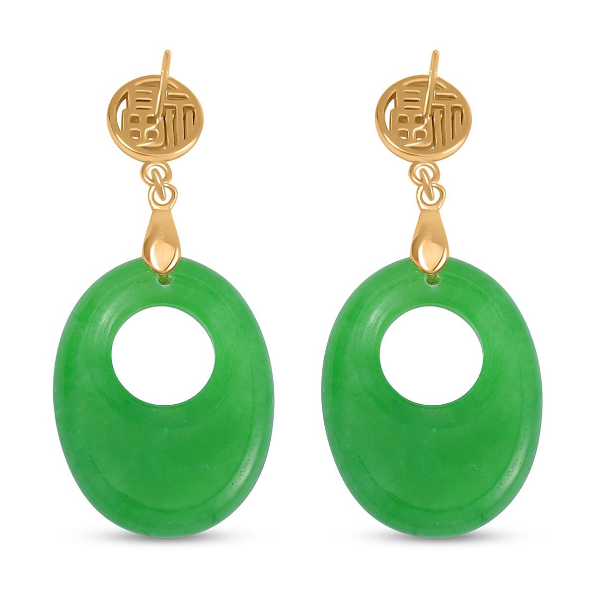 Green Jadeite Jade Earrings in Yellow Gold Plated Sterling Silver 50.00 Ct.