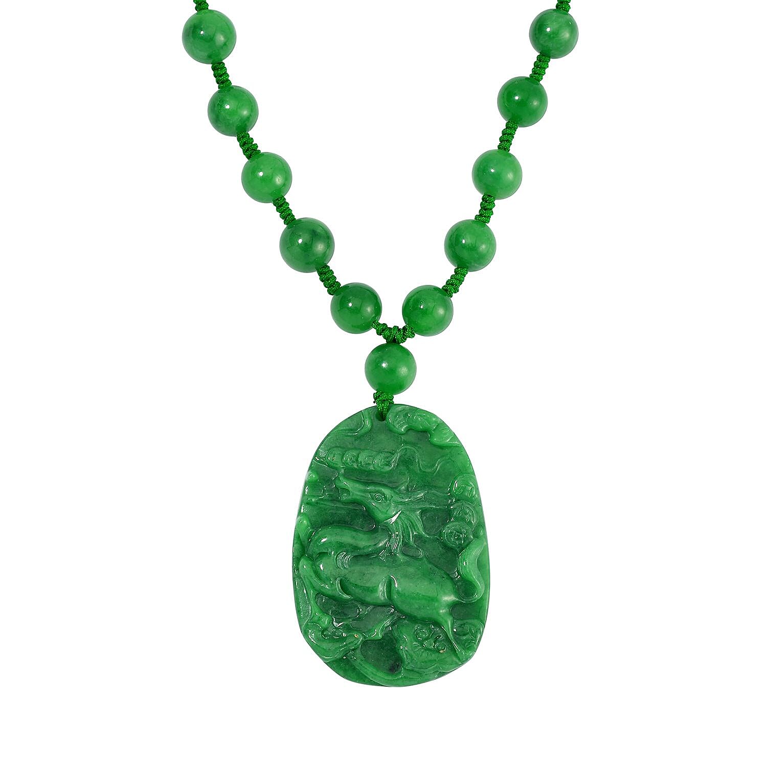 Extremely Rare Green Jade Carved Dragon Necklace (Size - 18) in Rhodium Overlay Sterling Silver 411.00 Ct.