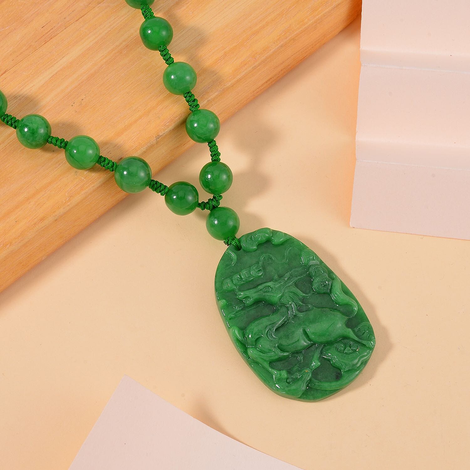 Extremely Rare Green Jade Carved Dragon Necklace (Size - 18) in Rhodium Overlay Sterling Silver 411.00 Ct.
