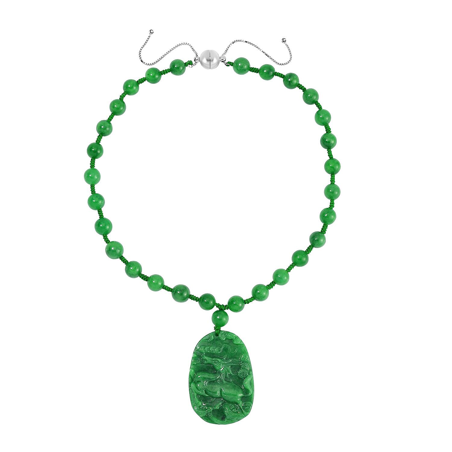 Extremely Rare Green Jade Carved Dragon Necklace (Size - 18) in Rhodium Overlay Sterling Silver 411.00 Ct.