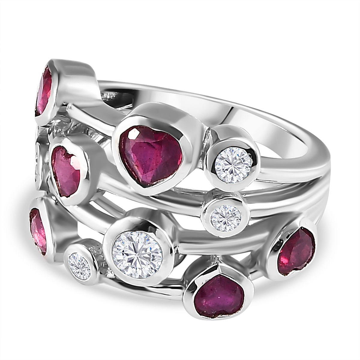 Couture Collection - Heart Cut Ruby & Moissanite Bubble Ring in Platinum Overlay Sterling Silver 3.09 Ct