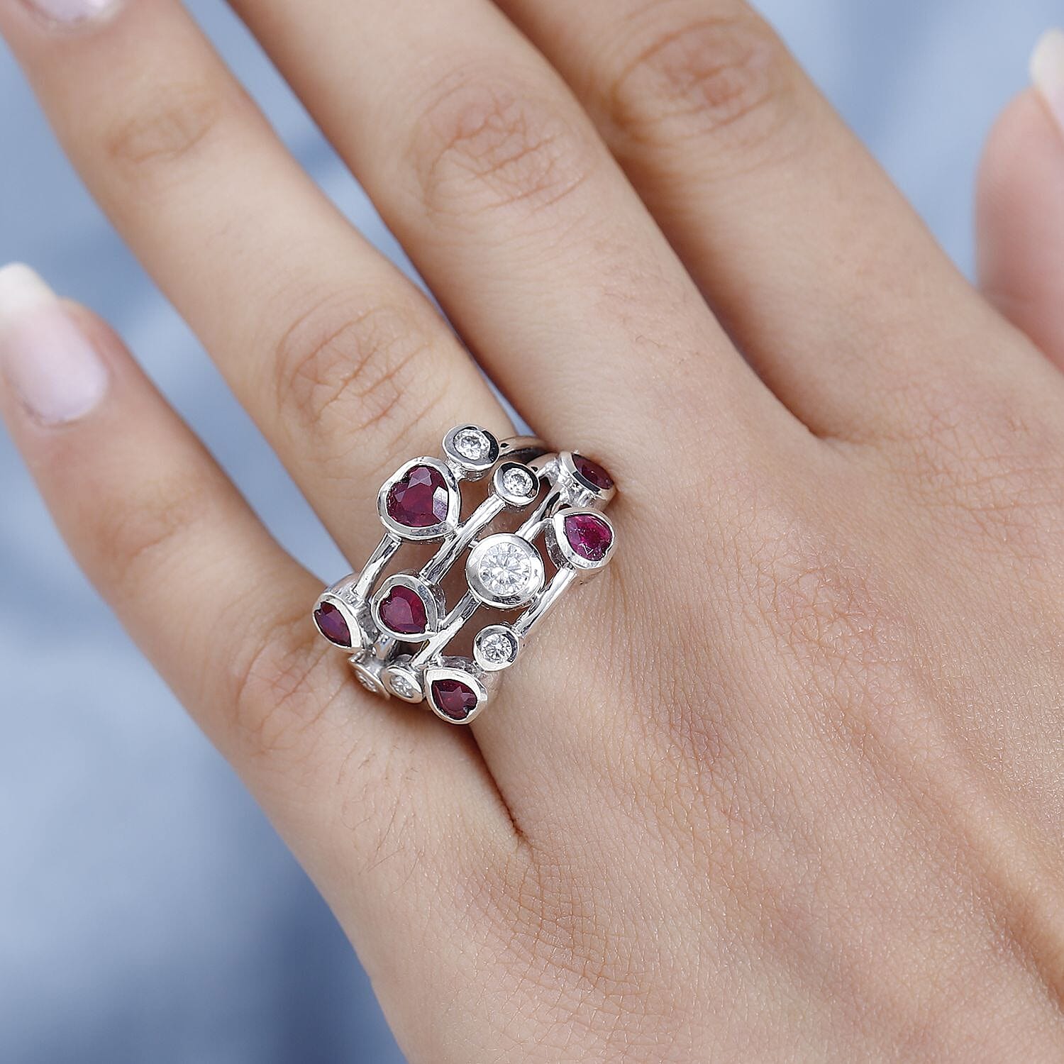 Heart Cut Ruby and Moissanite Bubble Ring in Platinum