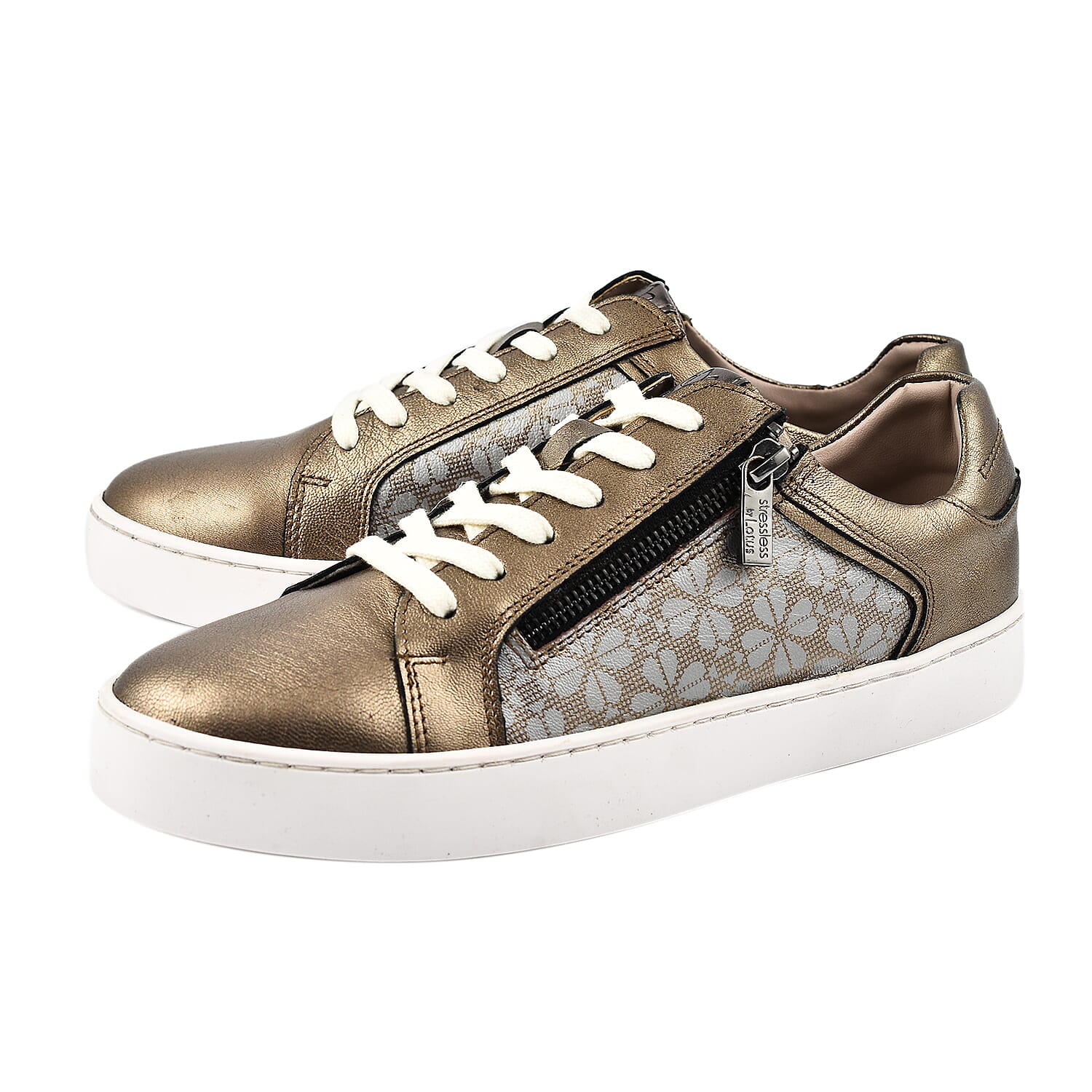 SANDER Floral Printed Leather Casual Zip-Up Womens Trainers (Size 7) - Bronze