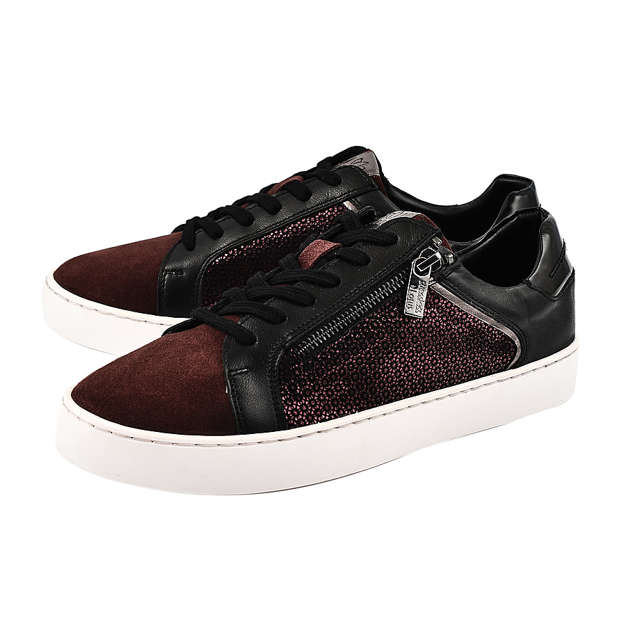 SHERESE Bordo-Print Leather Casual Zip-up Trainers (Size 5) - Black