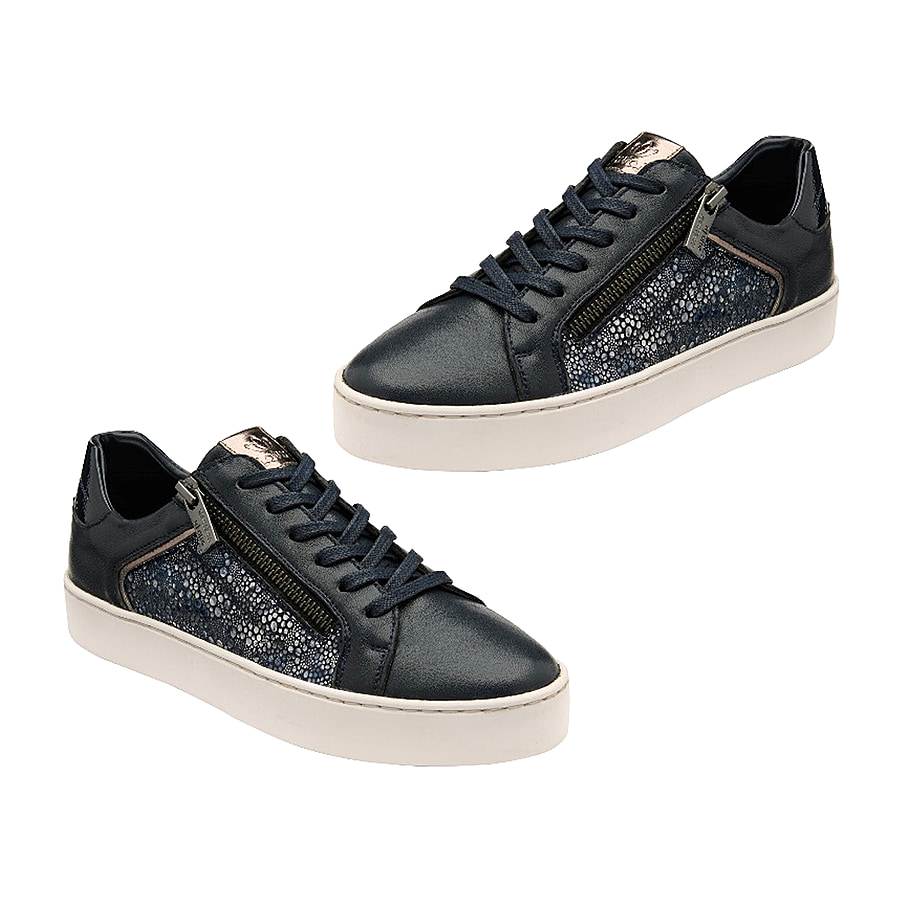 SHERESE Bordo-Print Leather Casual Zip-Up Trainers (Size 3) - Navy