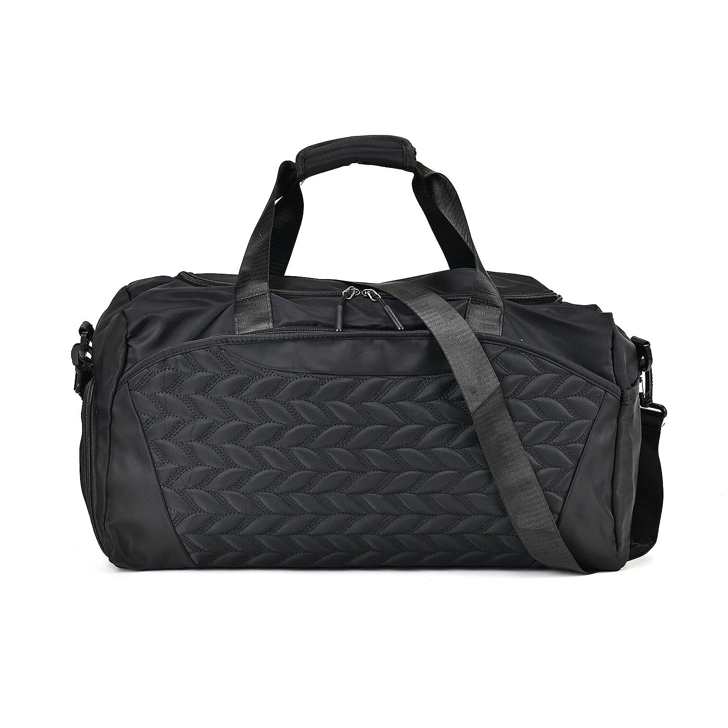Travel Duffle Bag with Quilted Leaves Pattern - Black