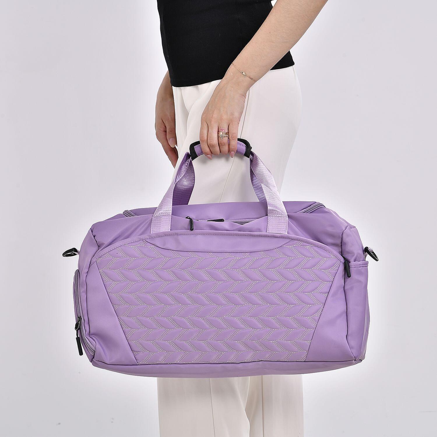 Travel Duffle Bag with Quilted Leaves Pattern - Purple