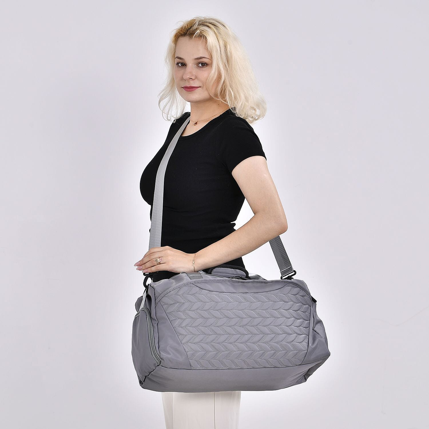 Travel Duffle Bag with Quilted Leaves Pattern - Dark Grey