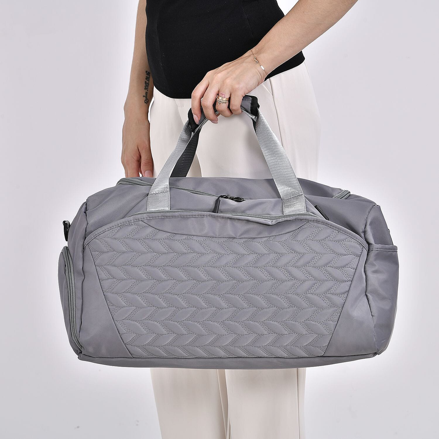 Travel Duffle Bag with Quilted Leaves Pattern - Dark Grey