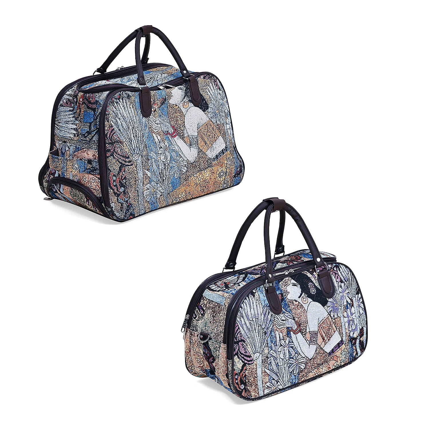 Set of 2 Large Wheeled Rolling Travel Duffle Bag with Handle Drop - Blue & Yellow with Lady