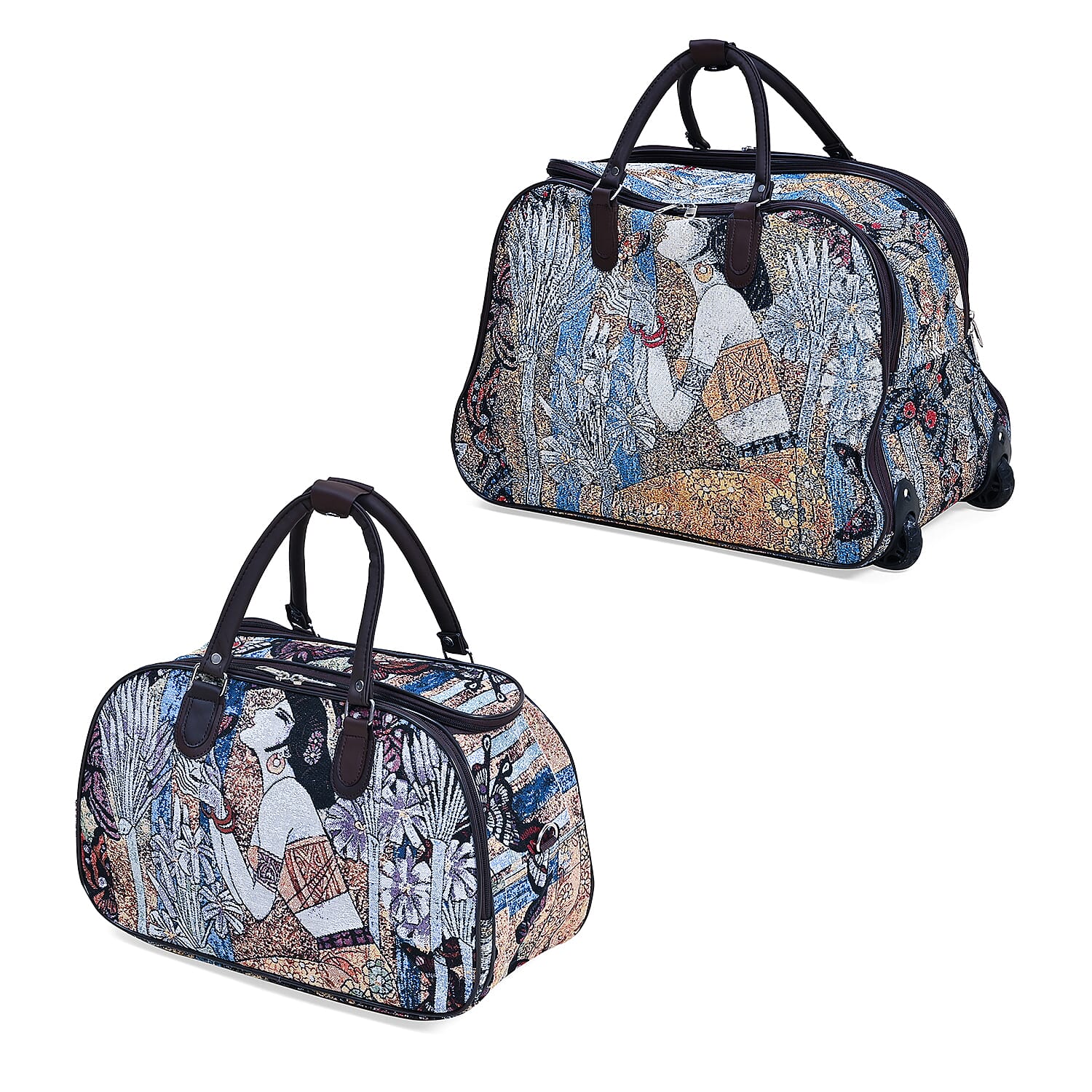 Set of 2 Large Wheeled Rolling Travel Duffle Bag with Handle Drop - Blue & Yellow with Lady