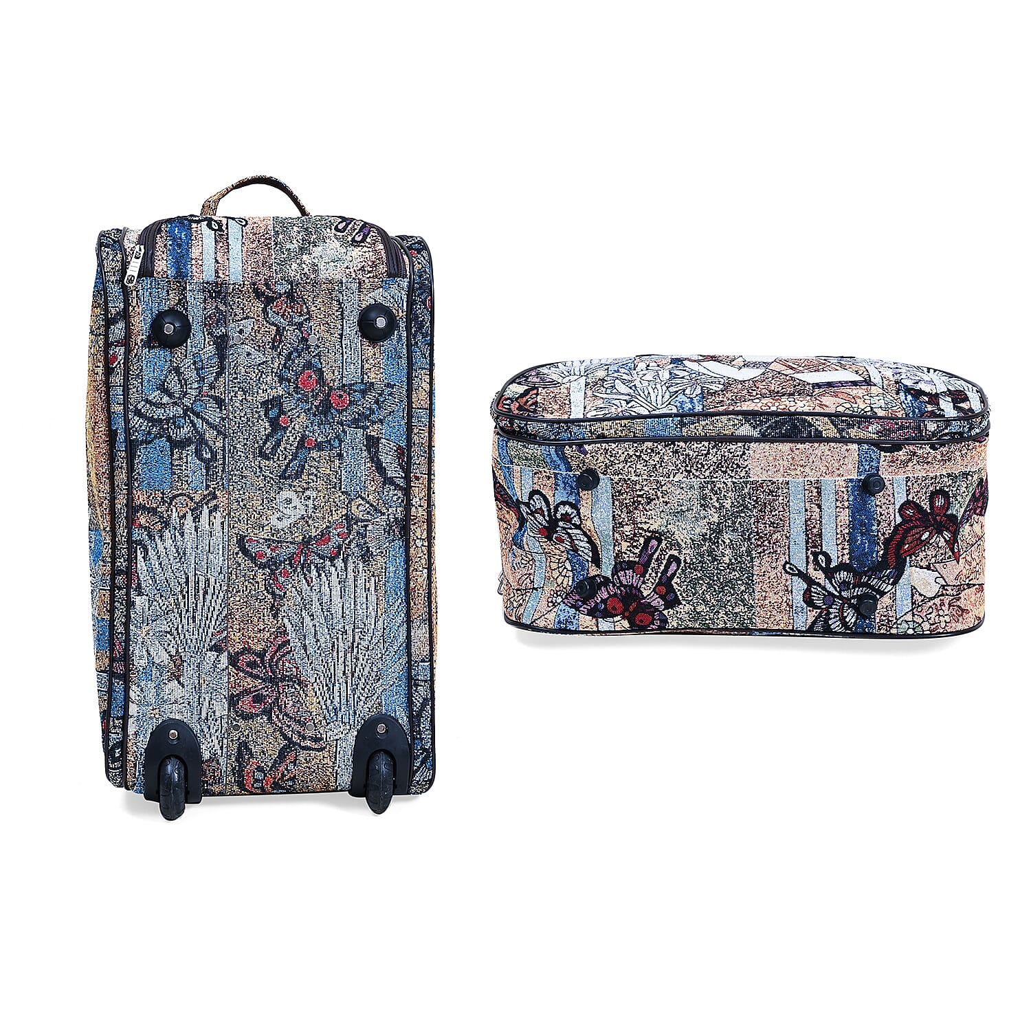 Set of 2 Large Wheeled Rolling Travel Duffle Bag with Handle Drop - Blue & Yellow with Lady