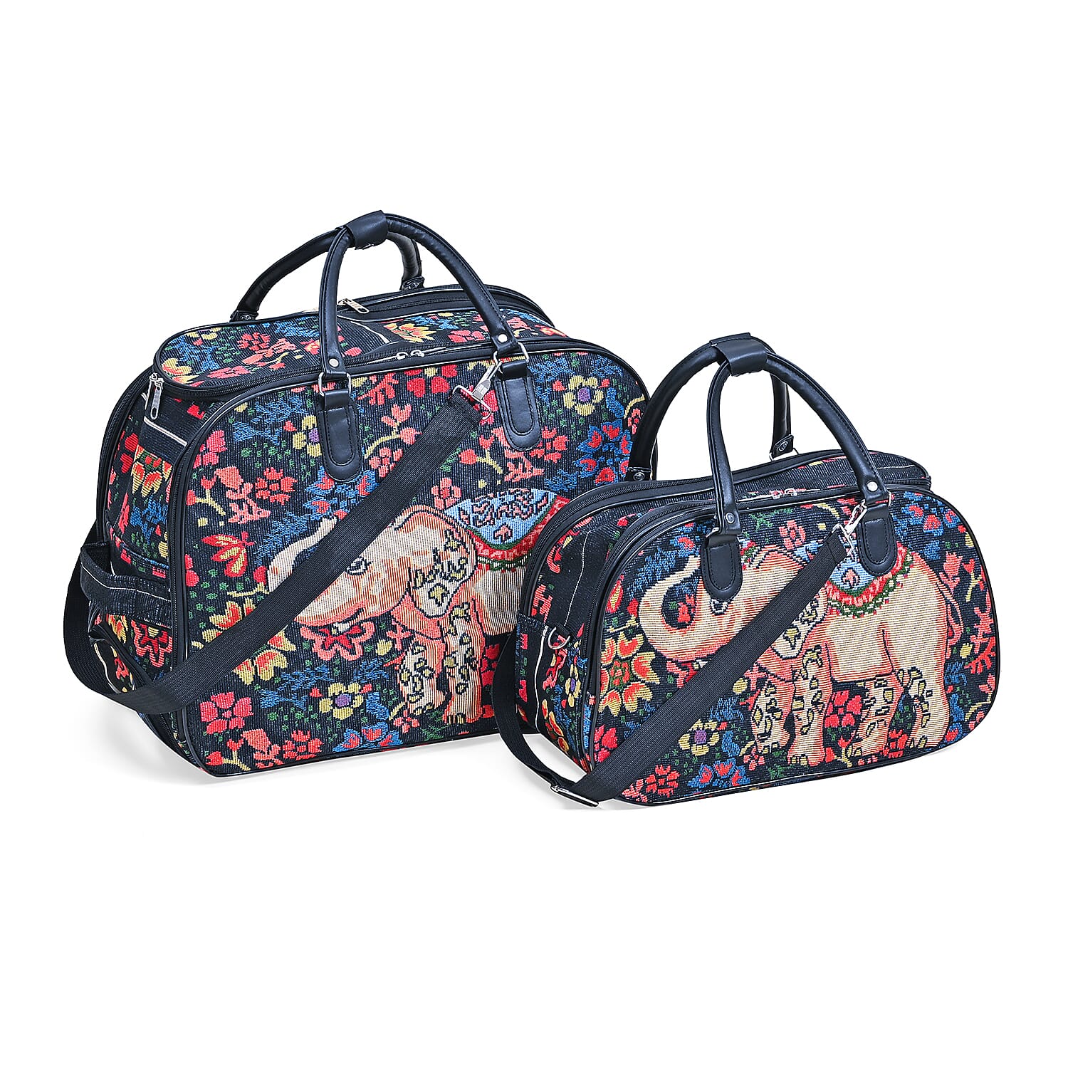 Set of 2 Large Wheeled Rolling Travel Duffle Bag with Handle Drop Navy with Elephant