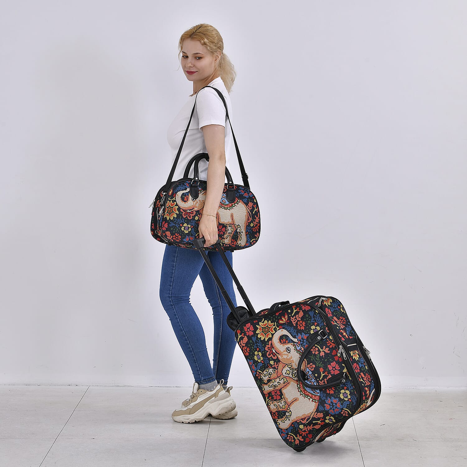 Set of 2 Large Wheeled Rolling Travel Duffle Bag with Handle Drop - Navy with Elephant