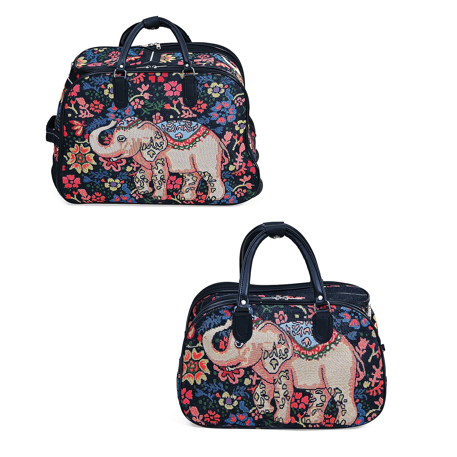 Set of 2 Large Wheeled Rolling Travel Duffle Bag with Handle Drop - Navy with Elephant