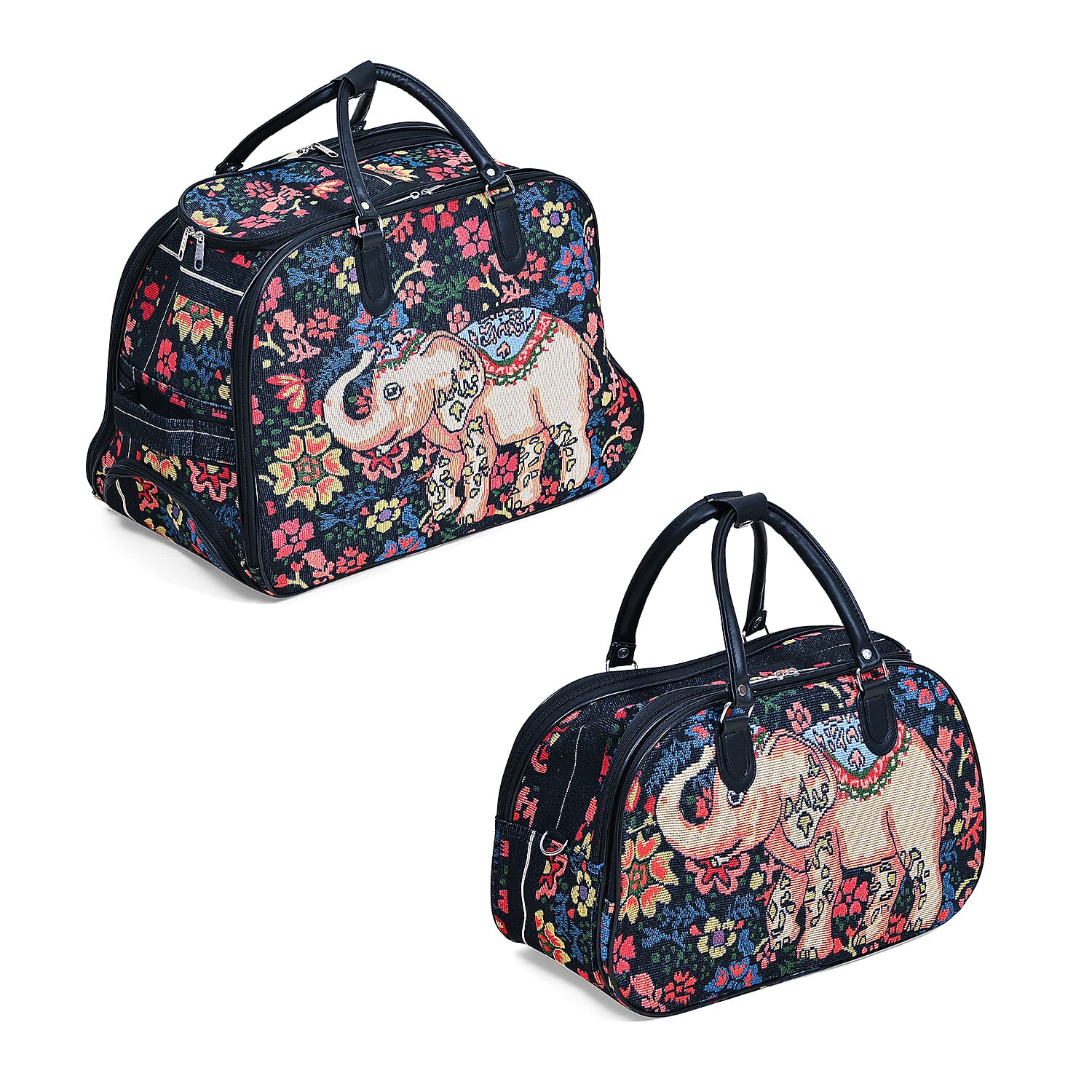 Set of 2 Large Wheeled Rolling Travel Duffle Bag with Handle Drop - Navy with Elephant