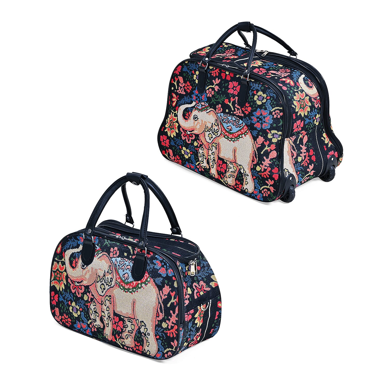 Set of 2 Large Wheeled Rolling Travel Duffle Bag with Handle Drop - Navy with Elephant
