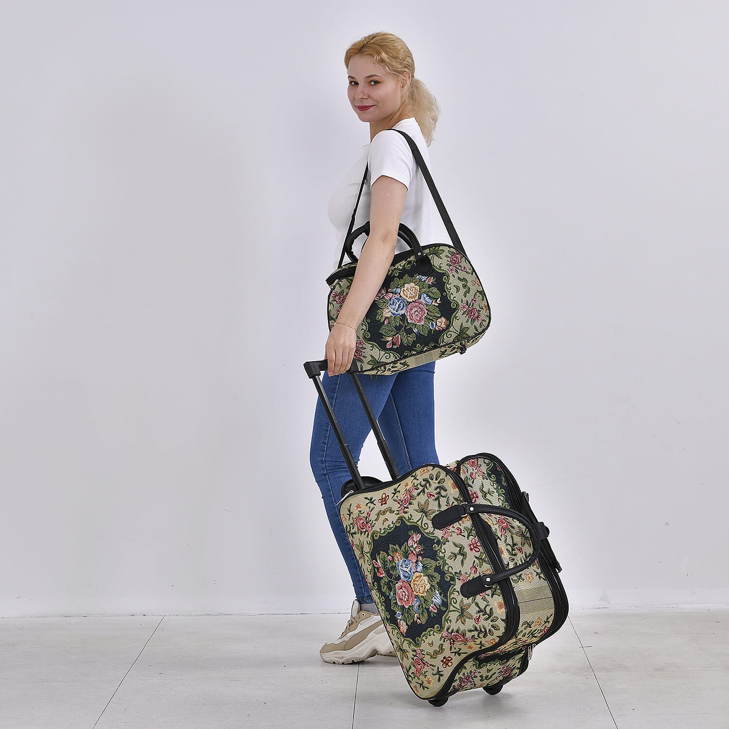 Set of 2 Large Wheeled Rolling Travel Duffle Bag with Handle Drop - Yellow with Flower