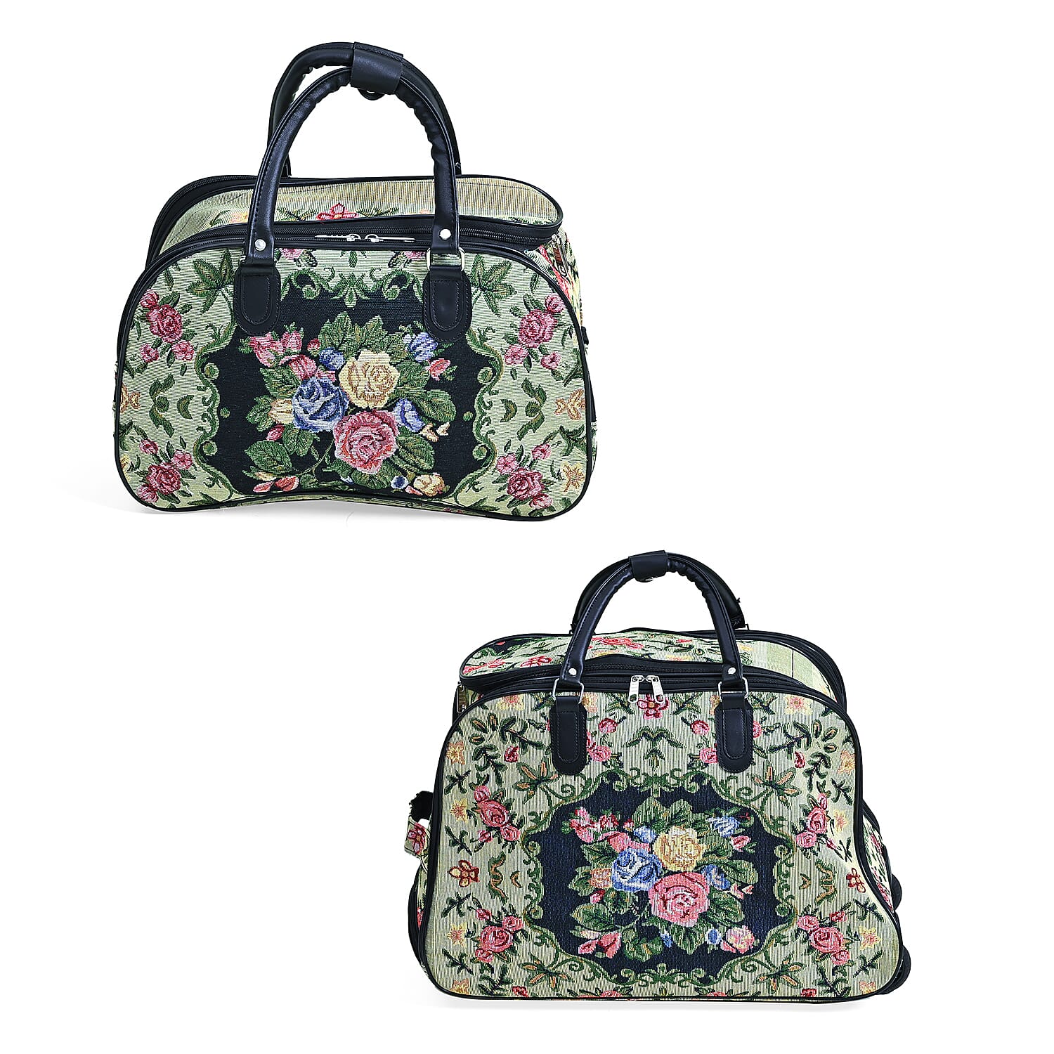 Set of 2 Large Wheeled Rolling Travel Duffle Bag with Handle Drop - Yellow with Flower