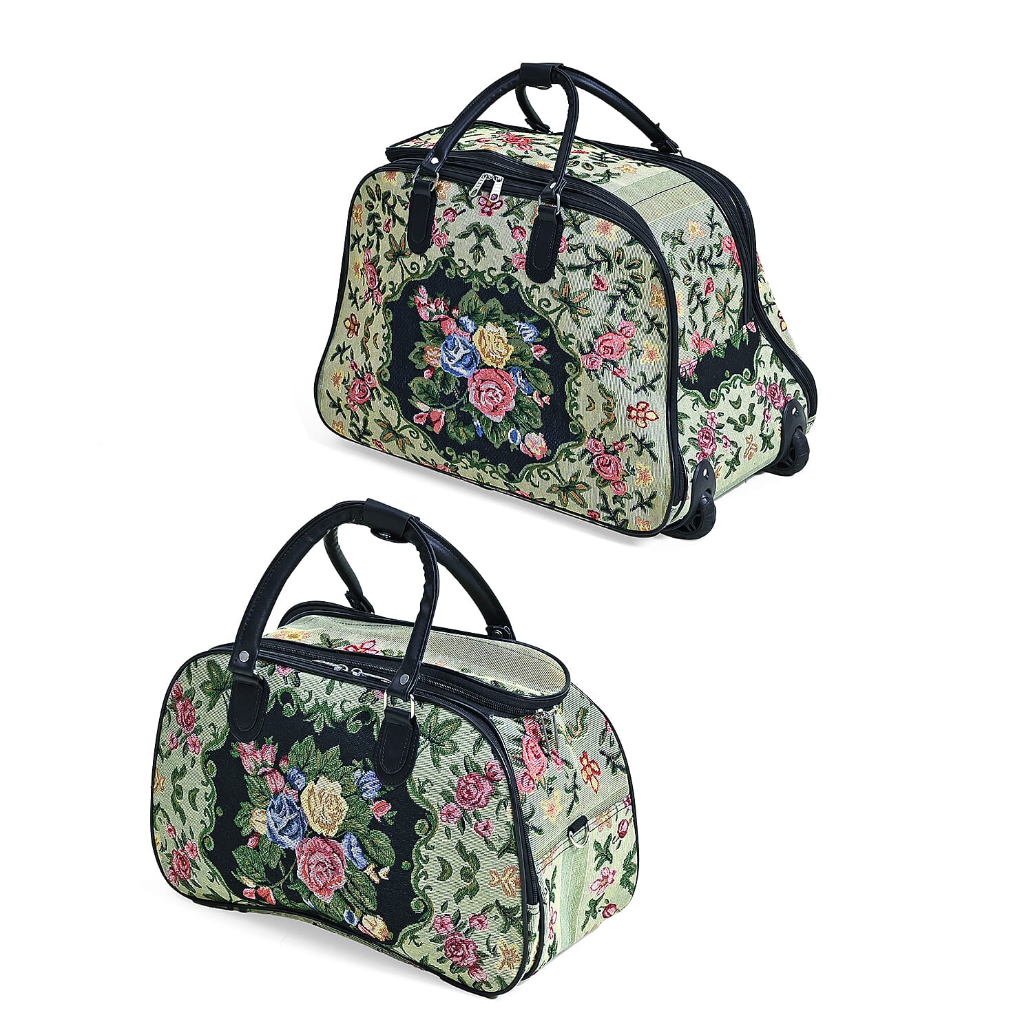 Set of 2 Large Wheeled Rolling Travel Duffle Bag with Handle Drop - Yellow with Flower