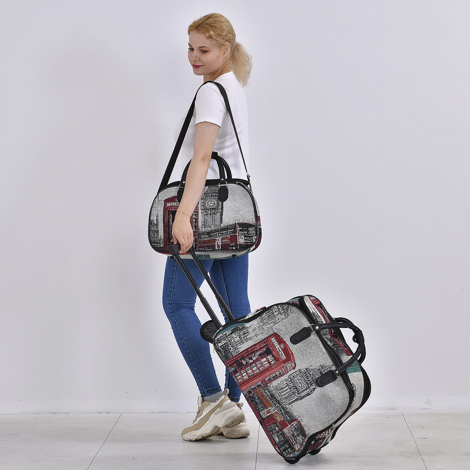 Set of 2 Large Wheeled Rolling Travel Duffle Bag with Handle Drop - Green with Big Ben