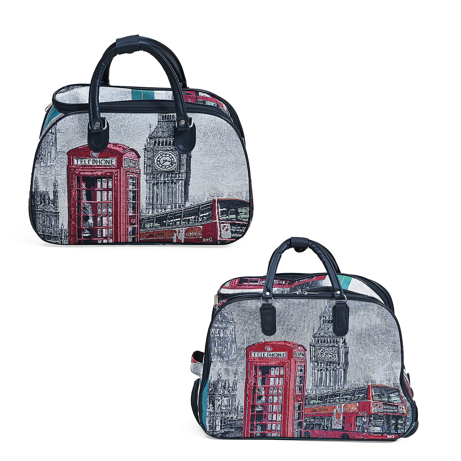 Set of 2 Large Wheeled Rolling Travel Duffle Bag with Handle Drop - Green with Big Ben