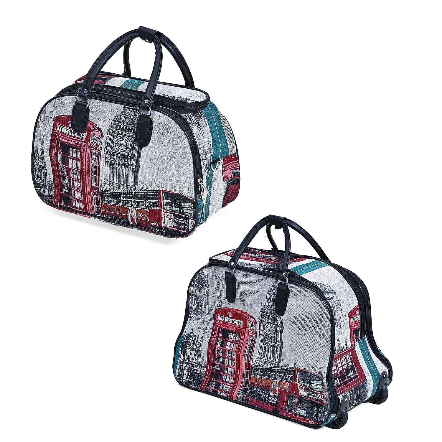 Set of 2 Large Wheeled Rolling Travel Duffle Bag with Handle Drop - Green with Big Ben