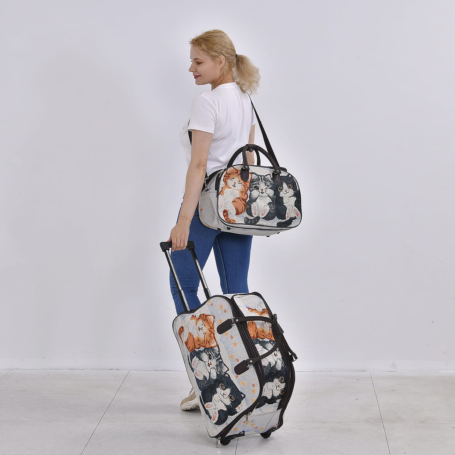 Set of 2 Large Wheeled Rolling Travel Duffle Bag with Handle Drop - Blue with Cat