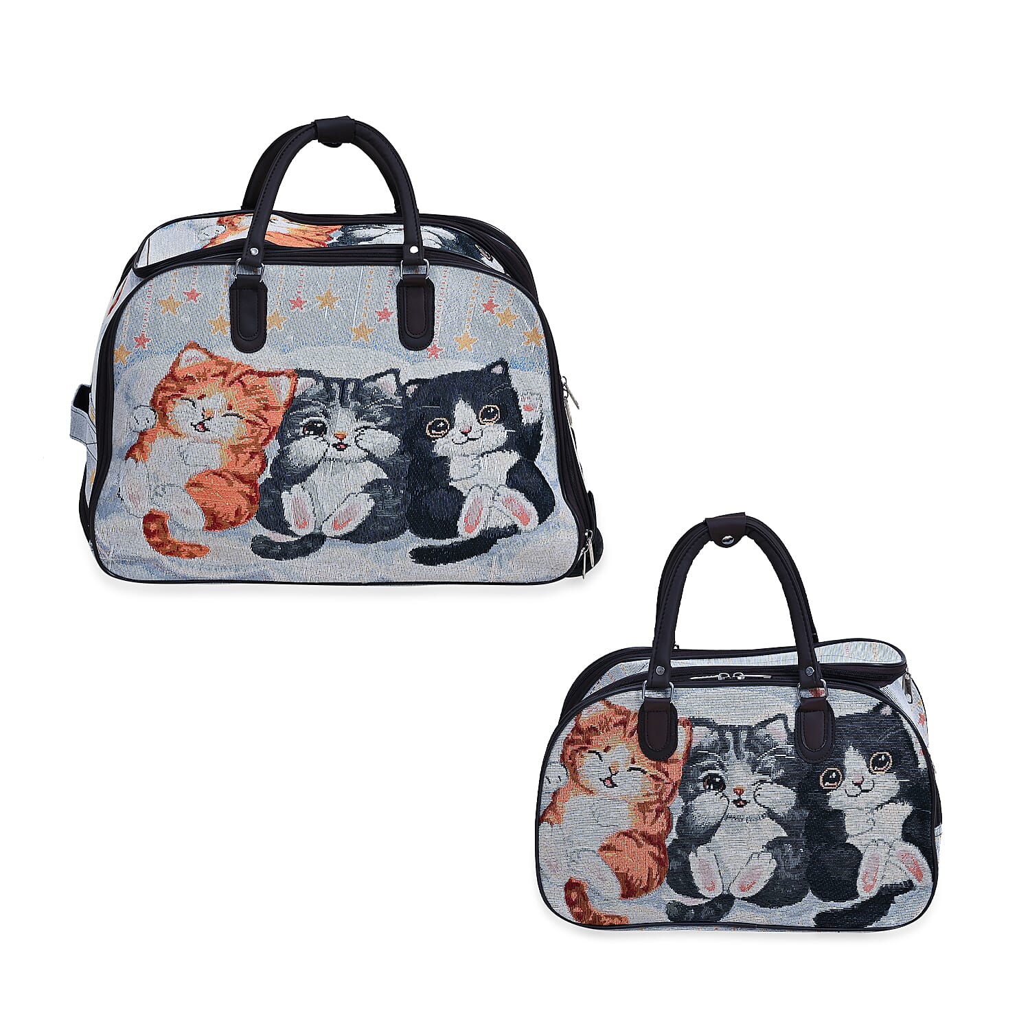 Set of 2 Large Wheeled Rolling Travel Duffle Bag with Handle Drop - Blue with Cat