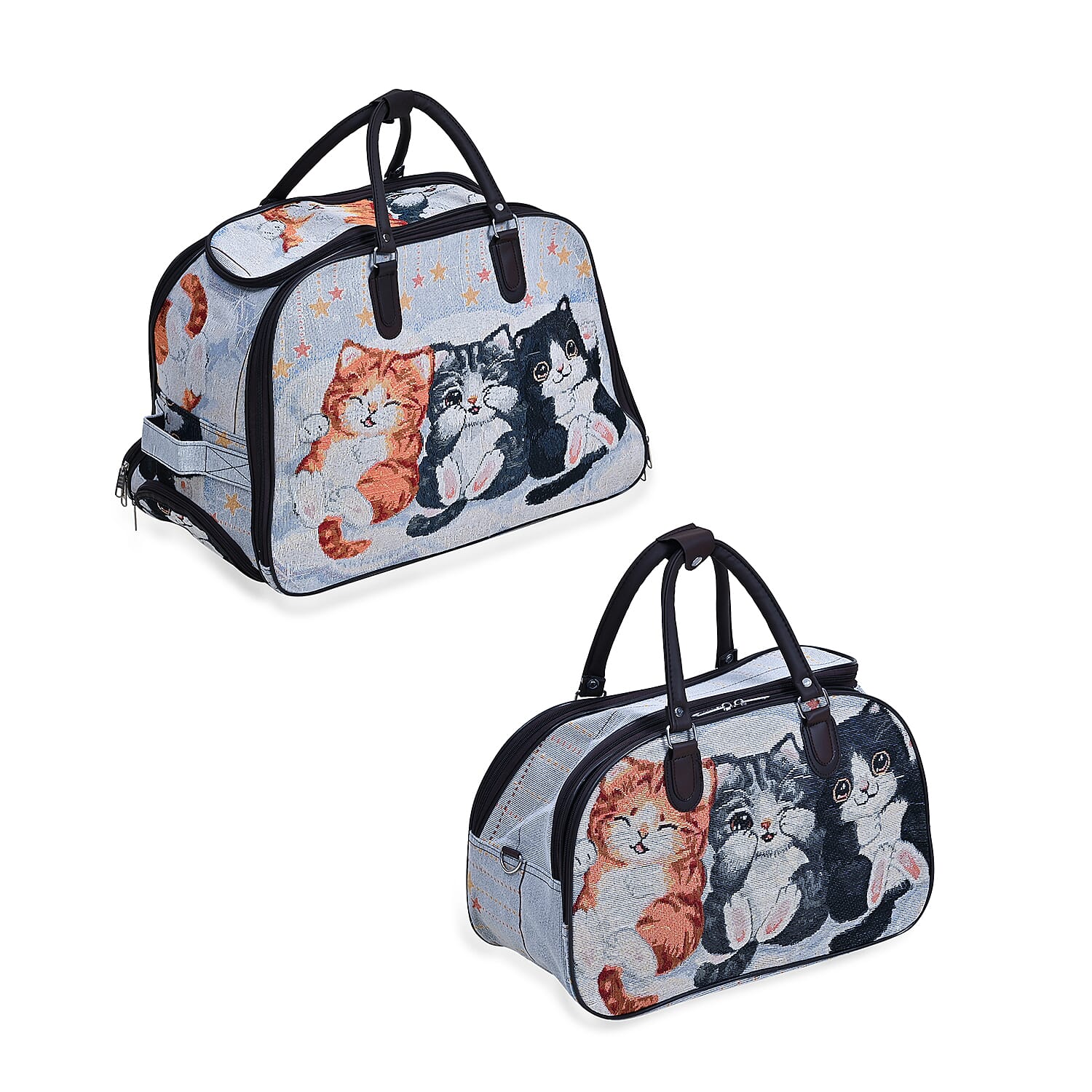 Set of 2 Large Wheeled Rolling Travel Duffle Bag with Handle Drop - Blue with Cat