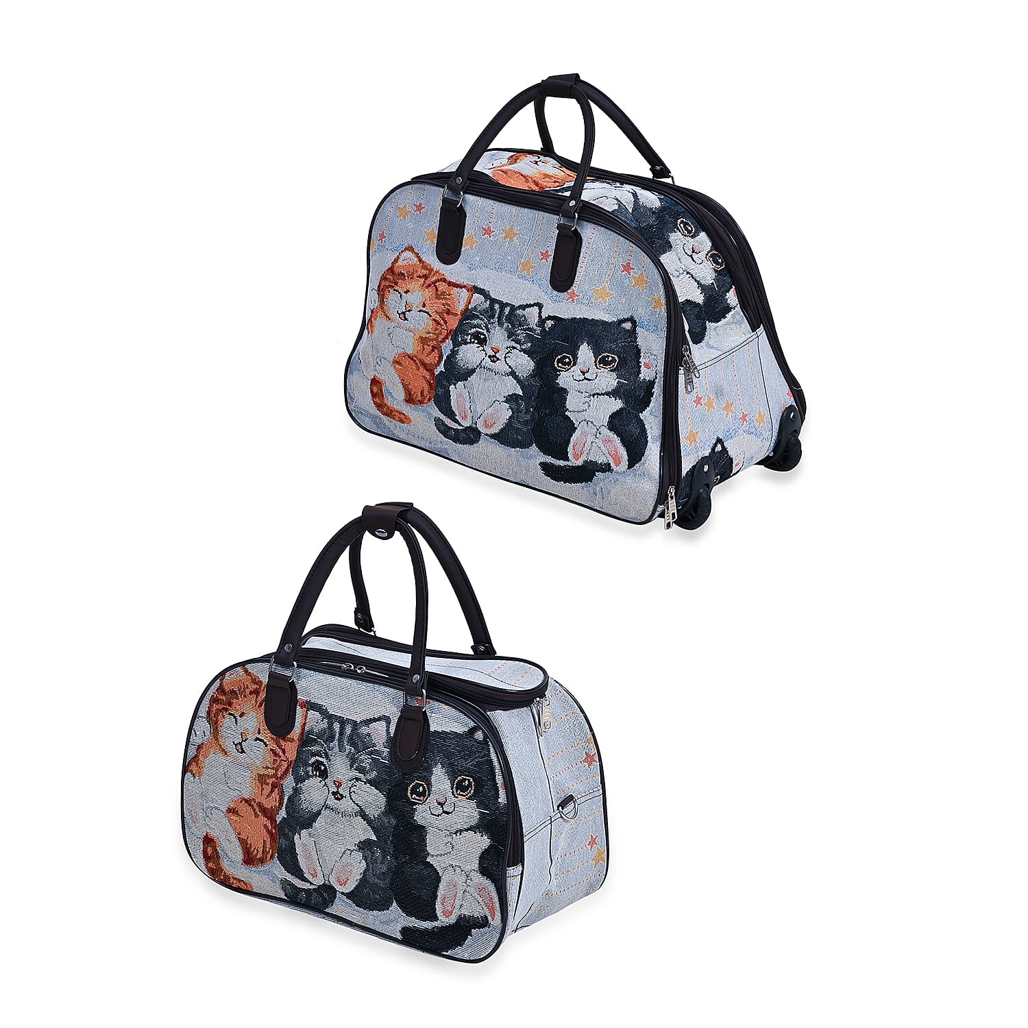 Set of 2 Large Wheeled Rolling Travel Duffle Bag with Handle Drop - Blue with Cat