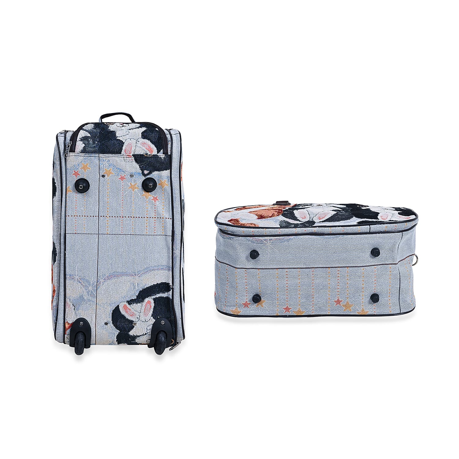 Set of 2 Large Wheeled Rolling Travel Duffle Bag with Handle Drop - Blue with Cat