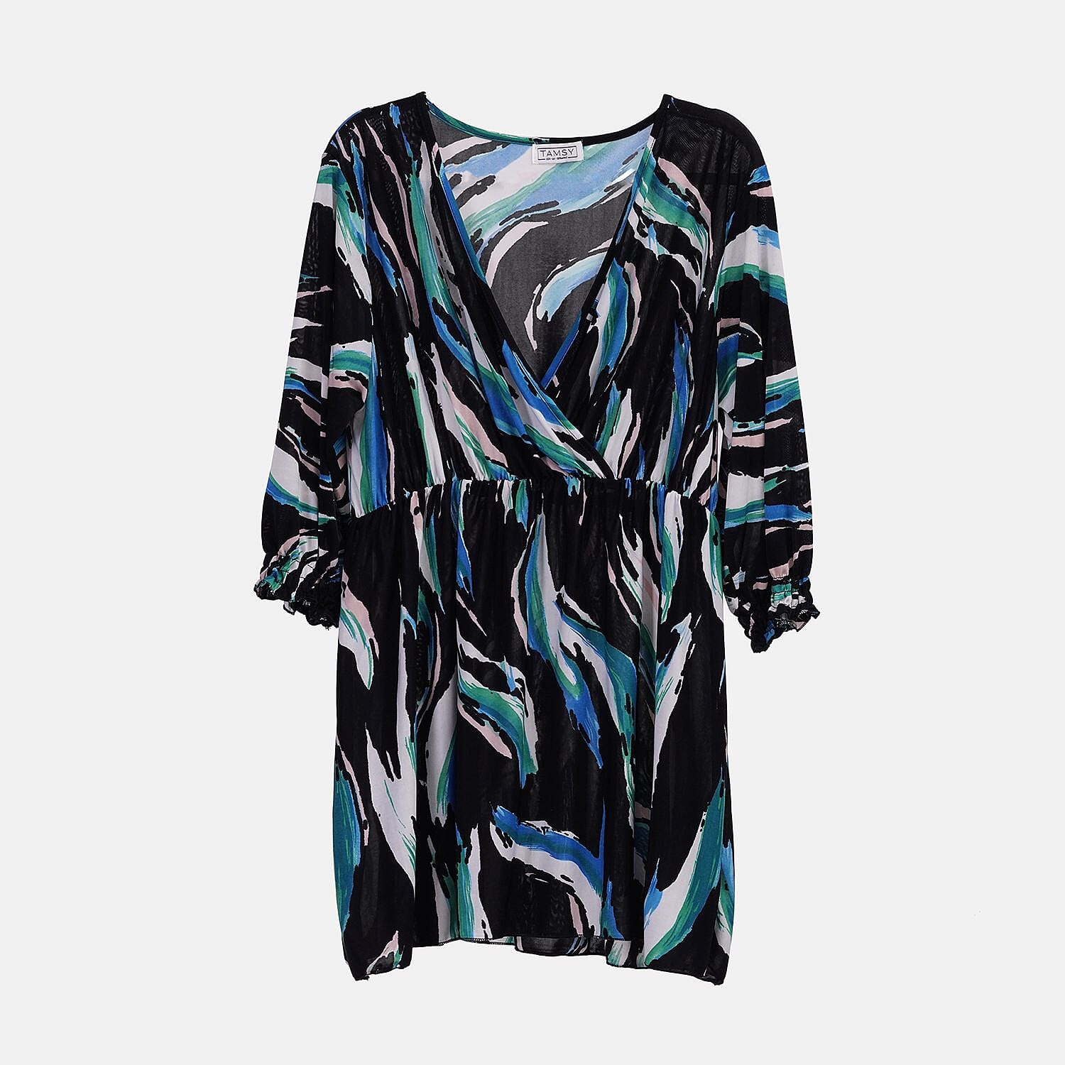 TAMSY Smocked Waist V Neck Top (One Size,8-18) - Blue & Black