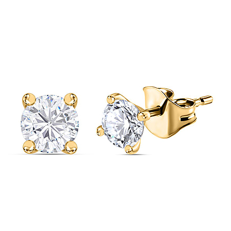100 Faceted Moissanite Solitaire Stud Earrings in 18K Vermeil YG Plated Sterling Silver