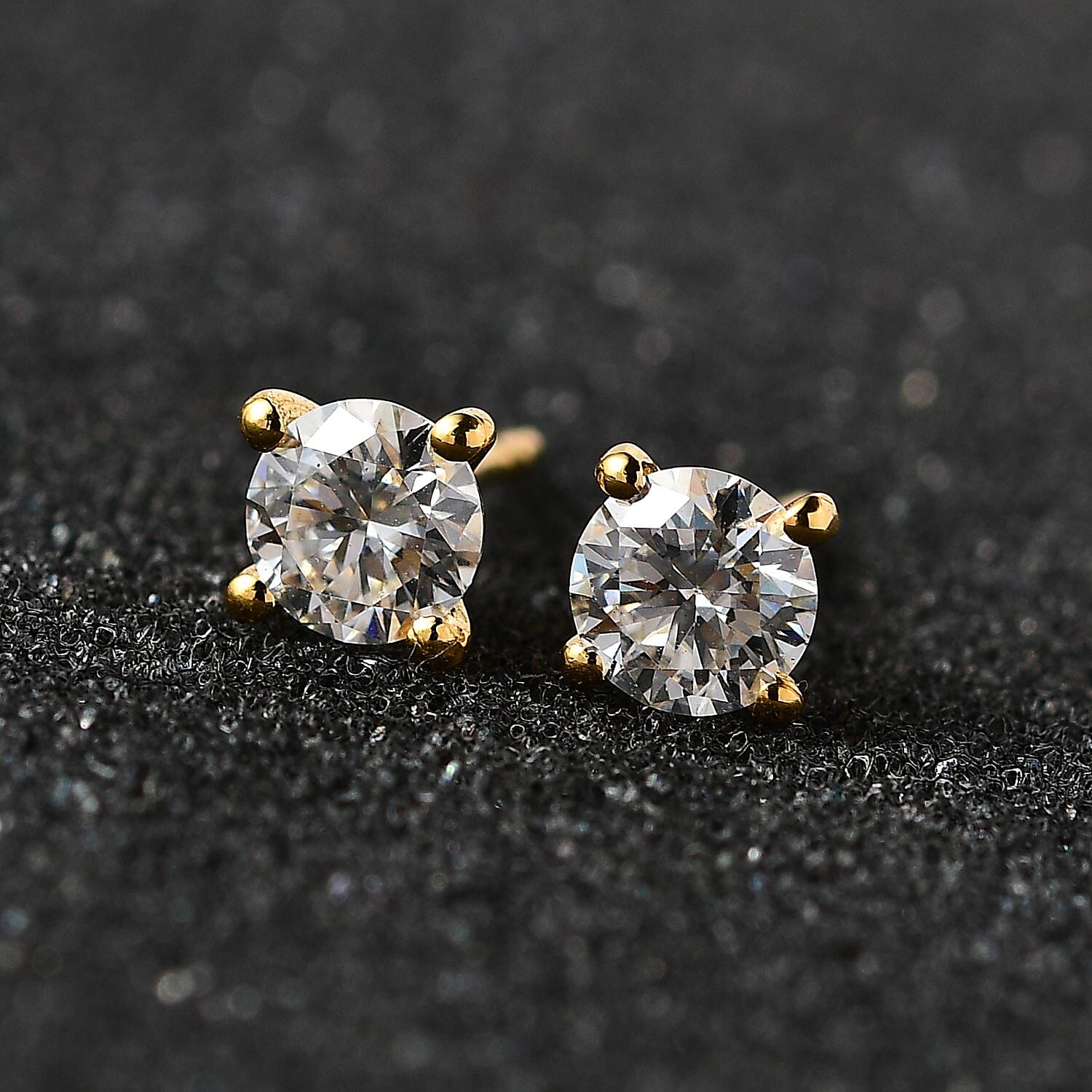 Faceted Moissanite Solitaire Stud Earrings with Push Back  in 18K Vermeil Yellow Gold Plated Sterling Silver