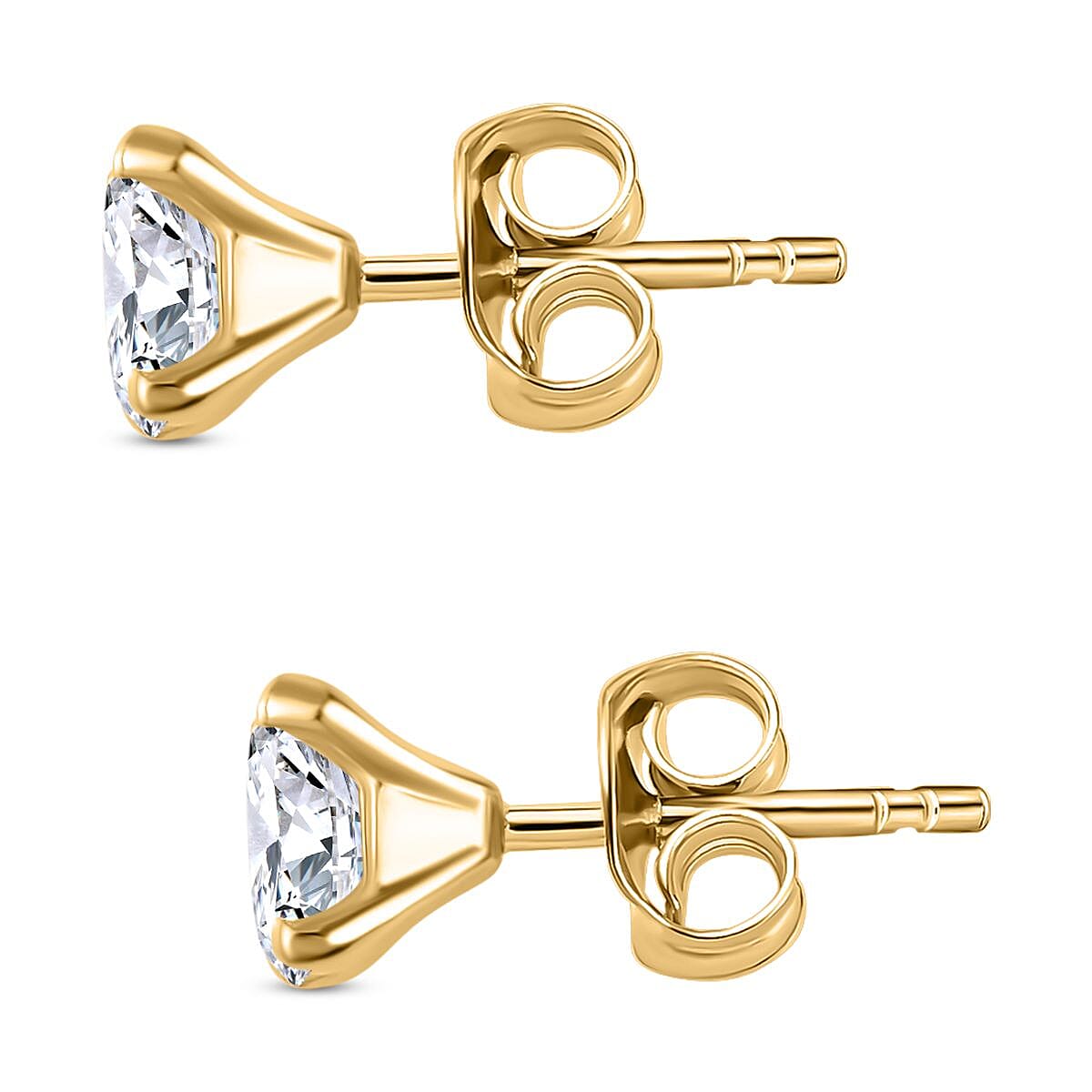 Faceted Moissanite Solitaire Stud Earrings with Push Back  in 18K Vermeil Yellow Gold Plated Sterling Silver
