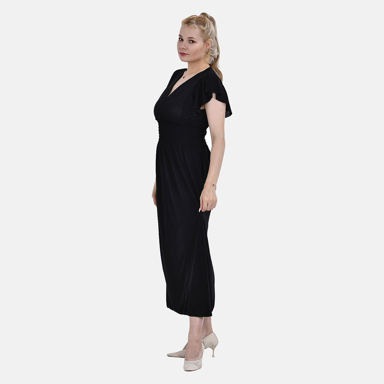 TAMSY Flutter Sleeve Smocked Midi Dress (One Size Curve,18-22) - Black