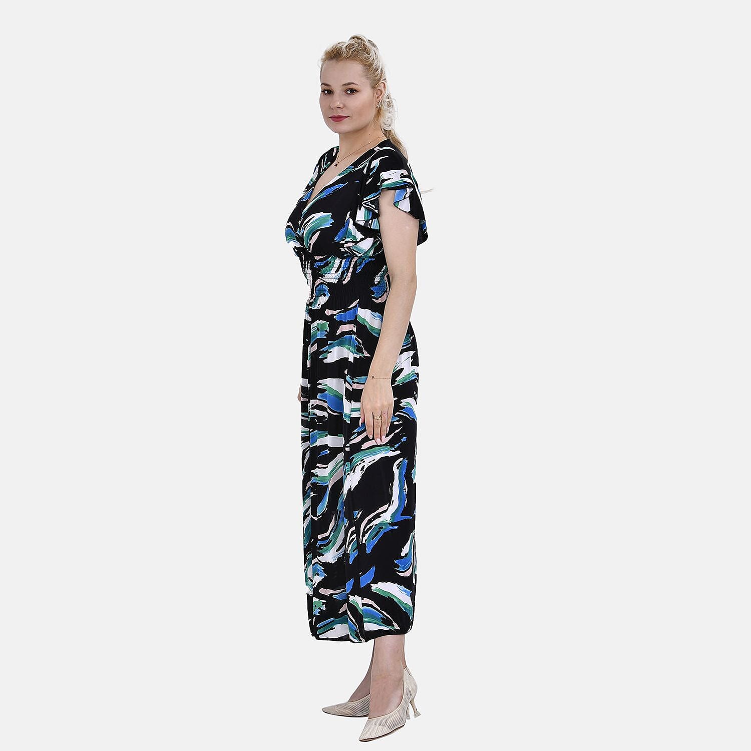 TAMSY Flutter Sleeve Smocked Printed Midi Dress (One Size,8-16) - Blue